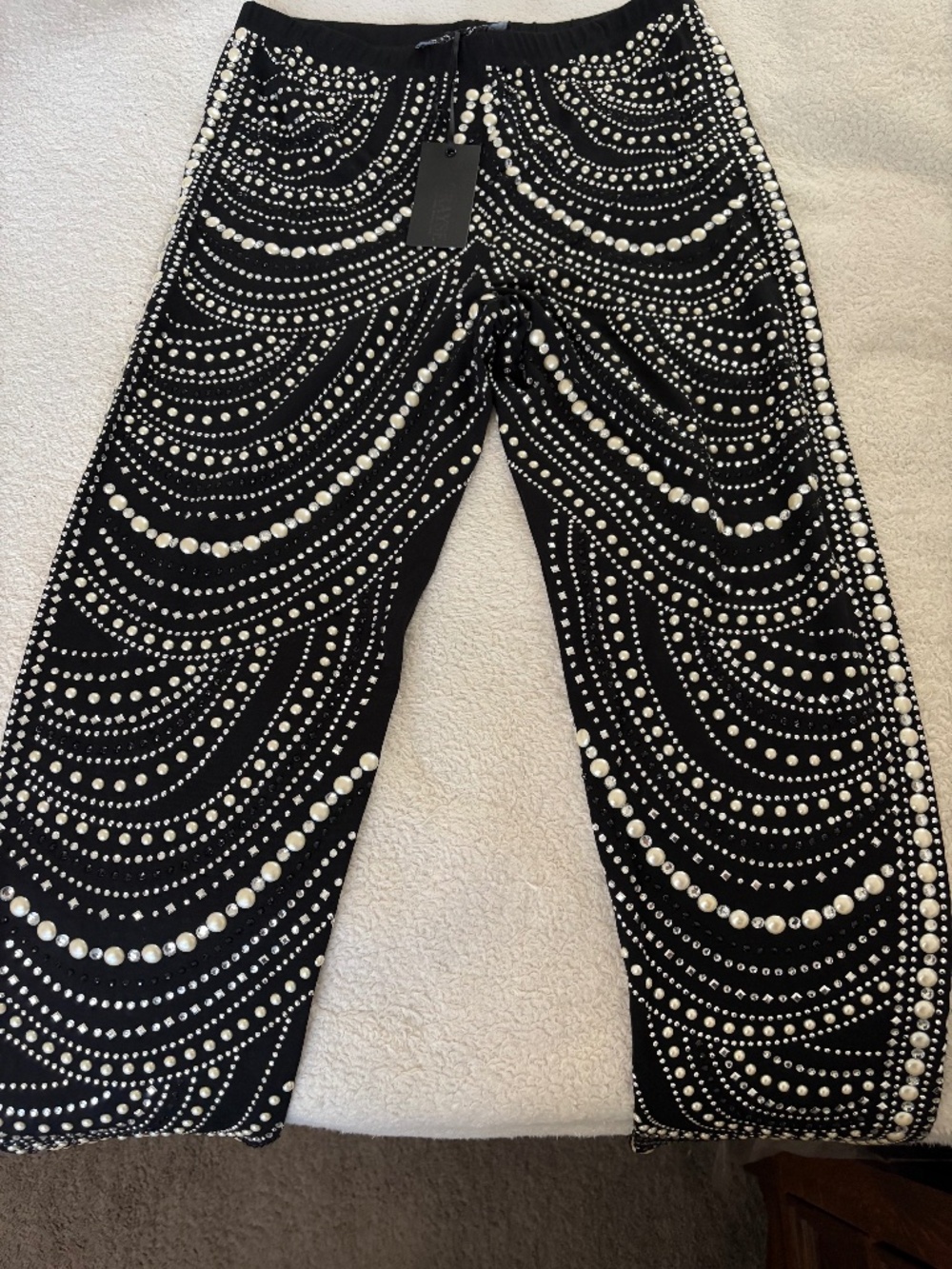 Grayse Hand Beaded Faux Pearl Embellished Cropped Pants Black Size M NWT